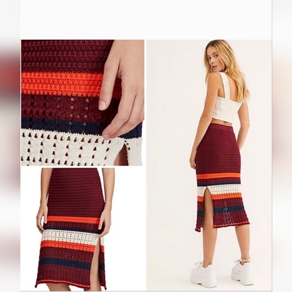 Free People Dresses & Skirts - Free People Far From Here Knit Crochet Midi Skirt Maroon Combo, size M, NWT
